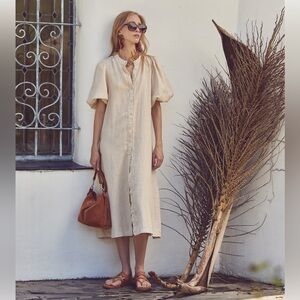 Lanhtropy Bubble Linen‎ dress button down size small natural puff sleeve peasant